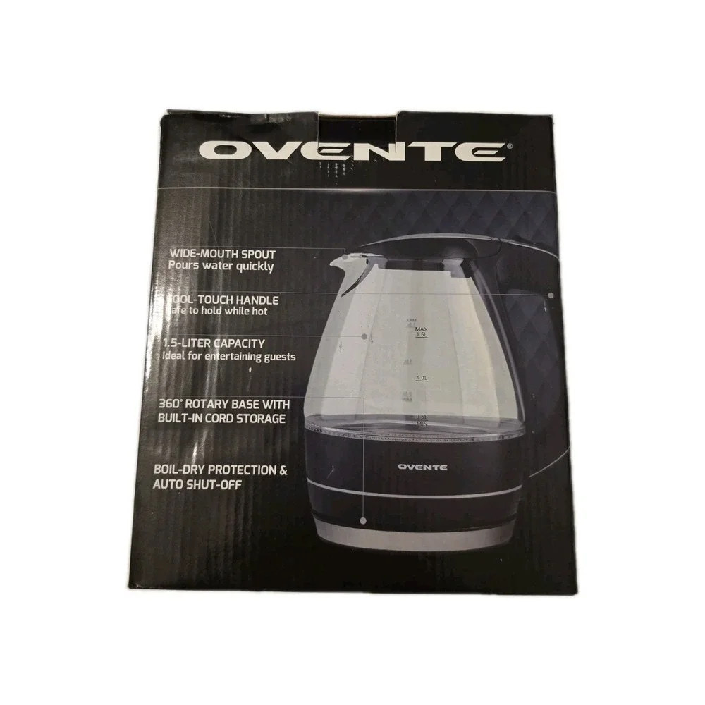 NIB Ovente 1.5L Electric‎ Glass Kettle Auto Shut-Off Boil-Dry Black KG83B